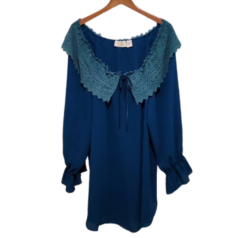 Vtg Victoria Secret Peasent Night Short Gown Blue Peter Pan Collar M/L